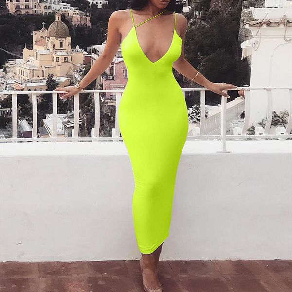 

women sleeveless bodycon dress summer suspenders v-neck solid color fit party dress neon green dress 8 colors, White;black