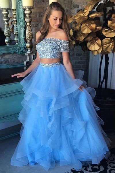 

new crystal shiny short sleeve two piece off the shoulder light sky blue organza prom dress 2019 sequined beads ruffles gorgeous party gowns, Black
