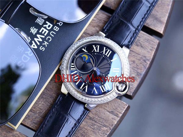 

blue ball watch 42mm luxury mens watches mechanical automatic movement diamond bezel sapphire leather band black dial montre de luxe, Slivery;brown