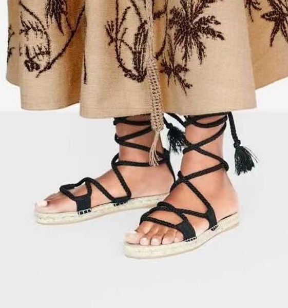 

luxury new womens handcrafted straw hemp rope flat heel sandals lace up summer female shoes sz35-40, Black