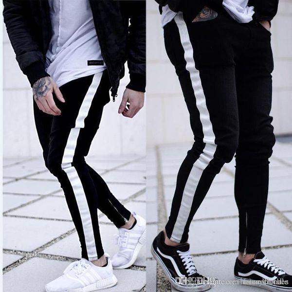 

mens black biker designer jeans striped zipper slim fit hiphop casual high street ripped jean pants, Blue