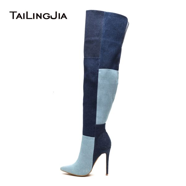 

women pointy toe high heel over the knee high denim boots blue patchwork thigh boots zipper long large size 13, Black