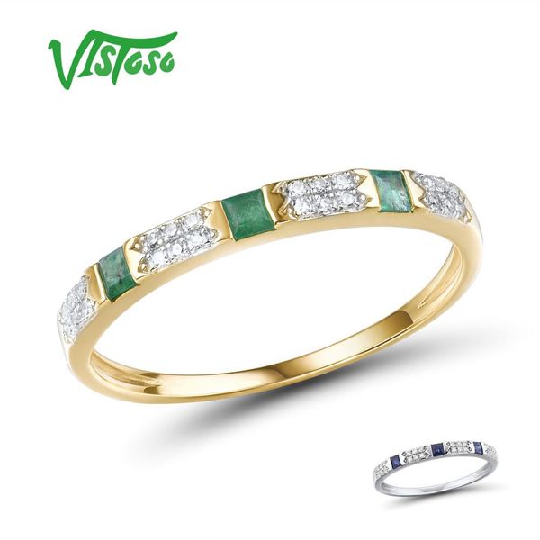 

vistoso 14k y/w gold rings for women genuine shiny diamond fancy blue sapphire emerald engagement anniversary chic fine jewelry, Golden;silver