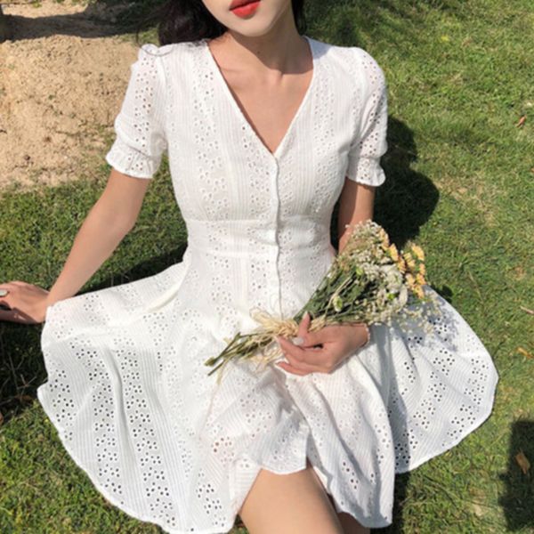 

summer solid fashion with row of buttons v neck playful women dress french casual embroidery fairy dress short sleeve, Black;gray