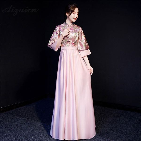 

fashion pink long cheongsam modern chinoise party dresses orientale bridesmaid gown qi pao women chinese evening dress qipao, Red