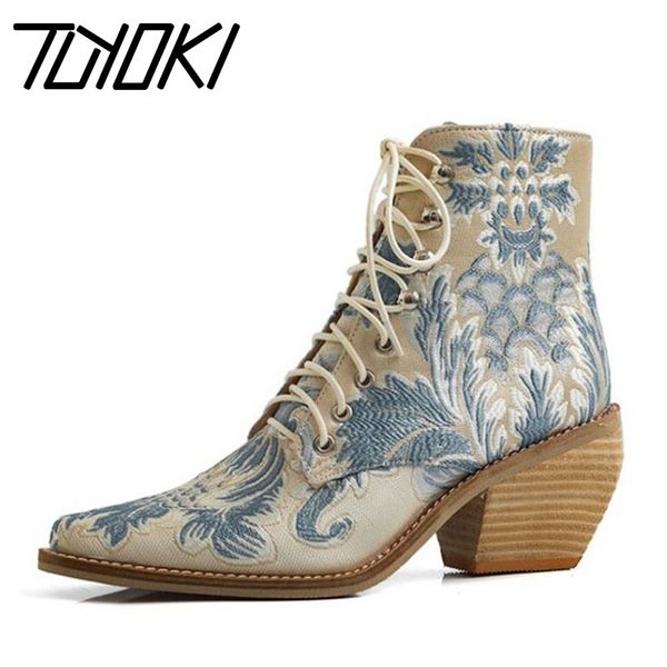 

tuyoki women 6 color chunky heels ankle boots winter embroidery brand boots pointed toe shoes woman footwear size 33-43, Black