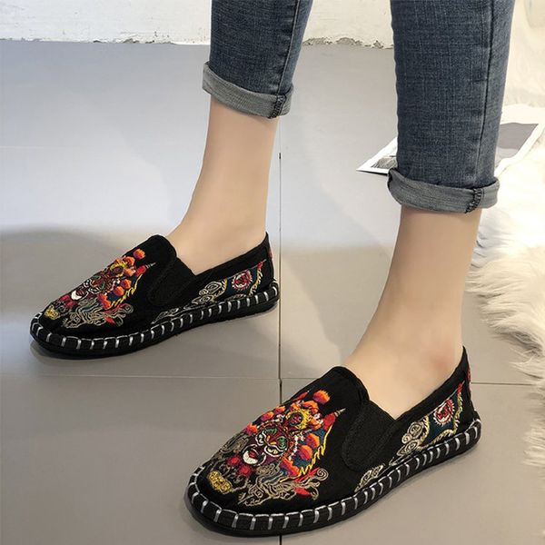 

women traditional canvas loafers women's soft bottom vintage shallow woman casual slip on ladies comfort female plus size shoes, Black