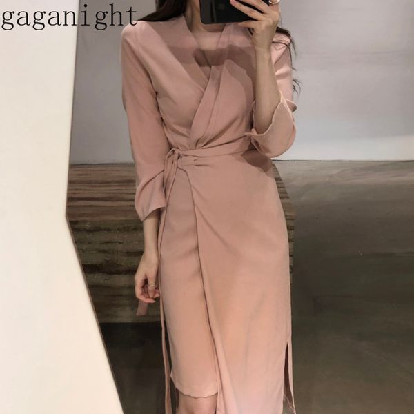 

casual dresses gaganight fashion spring solid bodycon women midi dress long sleeve irregular v neck korean office lady vestidos, Black;gray