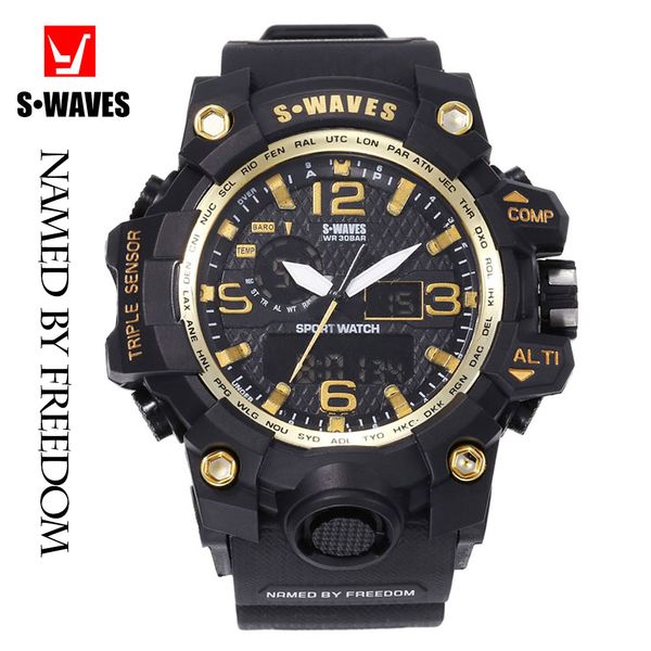 

luxuryswaves gold reloj hombre unique wrist watch men clock plastic military waterproof men sports watches analog digital dropshipping, Slivery;brown