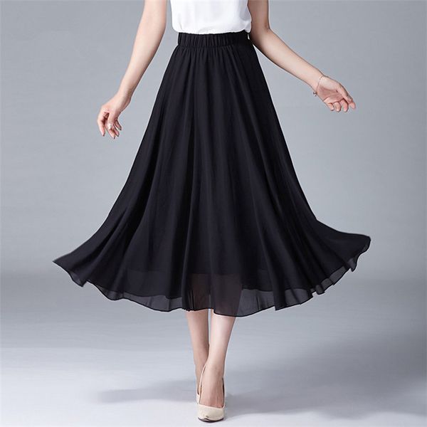 

high waist women chiffon skirt long womens beach summer boho white skirt saia longa faldas pleated long plus size 7xl 6xl, Black