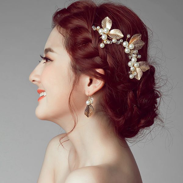 2019 New Direct Selling Plant Tiaras Elegant Bridal Simulated Pearl Golden Leaf Handmade Wedding Hair Accessories Women Jewelry Bun Using Donut Use