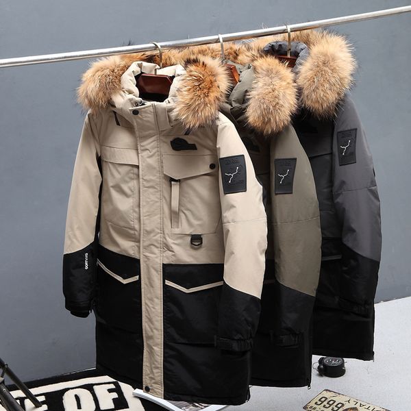 

men's down & parkas 2021 winter men fur collar white duck jacket fashion thick warm hooded long jackets and coats male brand clothing, Black