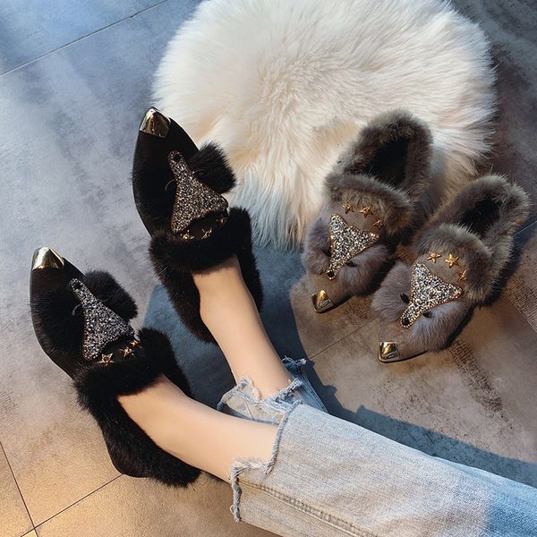 

plush shoes winter 2019 outdoor new fashion rhinestone fluff warm home loafers beanie shoes flat bottom plus velvet cotton, Black