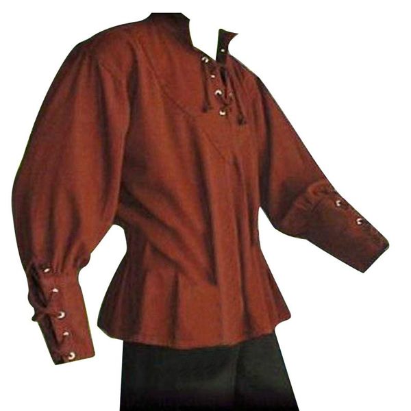 

medieval men shirt solid color bandage stand-up collar knight without belt, White;black