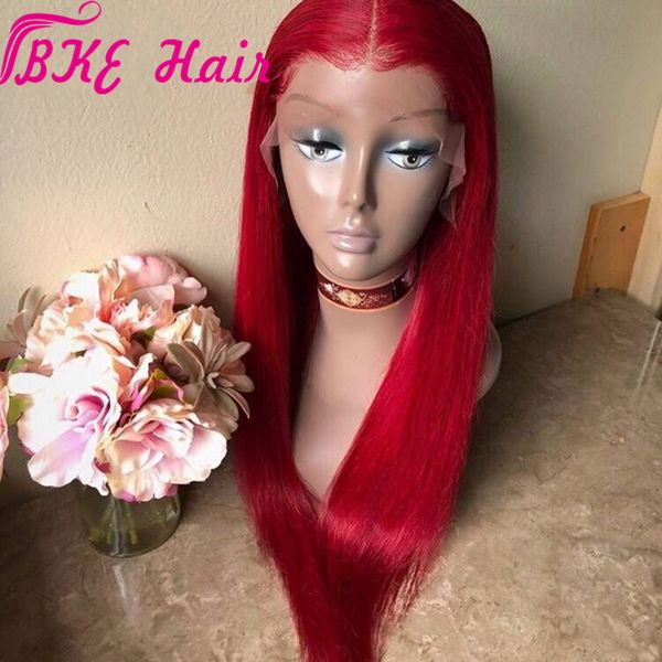 Hand Tied Red Heat Resistant Straight Cosplay Celebrity Girl Wedding Party Synthetic Lace Front Synthetic Wig For Women Glueless Lace Wigs Hair Wig