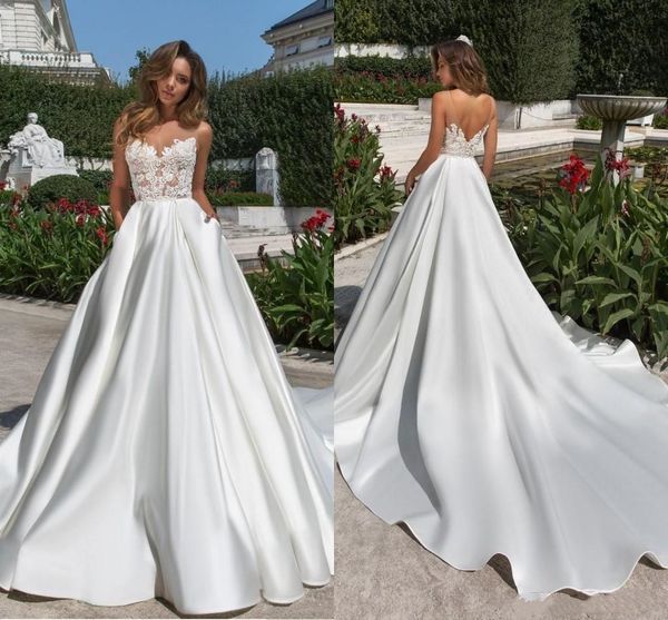 

дизайн оптовая атласная свадебные платья линия иллюзия top 2020 sheer шеи v cut backless свадебное платье с карманами lace long train vestid, White