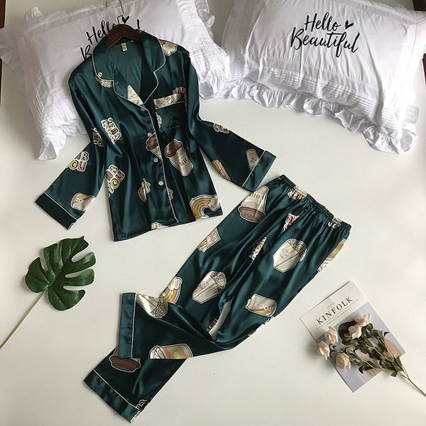 

silky satin ladies long sleeve shirt+pants home wear spring autumn 2pcs sleepwear casual nightwear print pjamas pyjama suit, Blue;gray