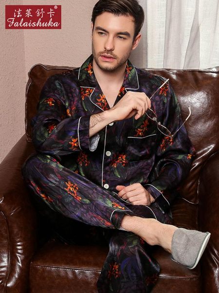 

fashion graffiti 100% silk pajamas sets mens noble 100% mulberry silk retro long sleeve pyjamas natural homewear men, Black;brown