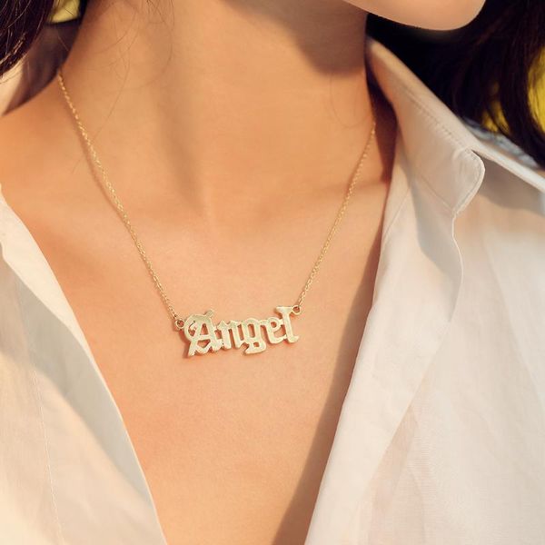 

stainless steel sweet chic women angel necklace gold color plant old europe font angel letter necklace, Silver