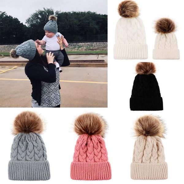 

new warm parent-child knit hat fur pom beanie ski cap hat for baby mom with fur ball hoodied knitted cap xmas party hats 5 styles an2745