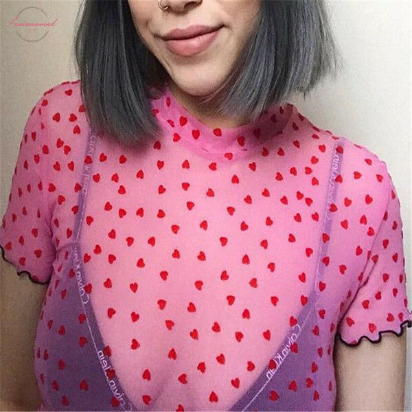 

2019 женщины sexy harajuku red heart mesh tops net смотрите через прозрачный undershirt basic top camisas femininas t shirt clubwear, White
