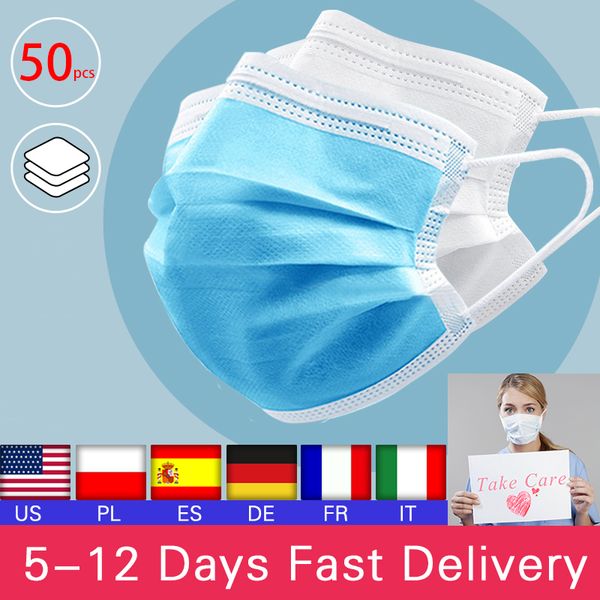 

50pcs disposable mouth face mask anti-dust 3 layer mouth masks pm2.5 breathable masks face care elastic earloop