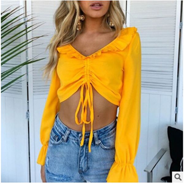 

womens fluffy sleeve bandage wrap crop mesh transparent shirt blouse, White