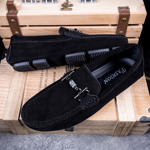 

brand men loafers men's casual shoes suede leather mocassim masculino breathable slip on boat shoes chaussures hommes, Black