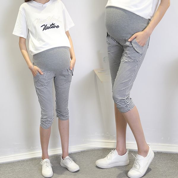 

311# 7/10 length plaid maternity legging elastic waist belly skinny capris pants clothes for pregnant women summer pregnancy, White