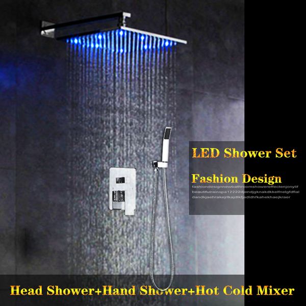 

8" 10" 12" led rainfall bathroom shower faucet two handle square shower mixer wall mounted chrome finished