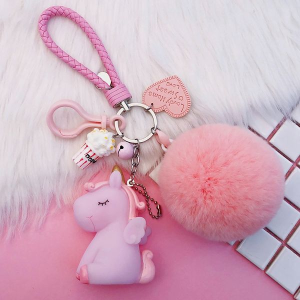 

10pcs/lot fashion jewelry girl women heart unicorn car keychain female creative diy hairball accessories key chains bags pendant, Silver