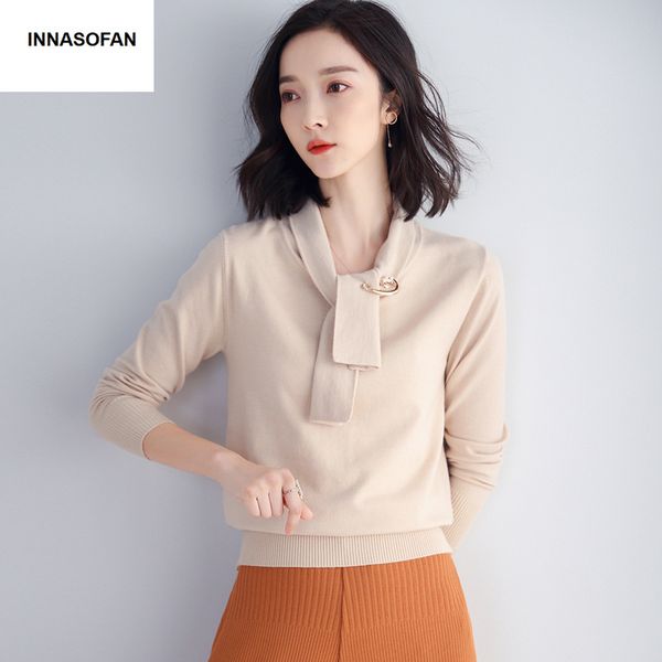 

innasofan sweater women autumn winter knitted long-sleeved sweater euro-american fashion chic solid color, White;black