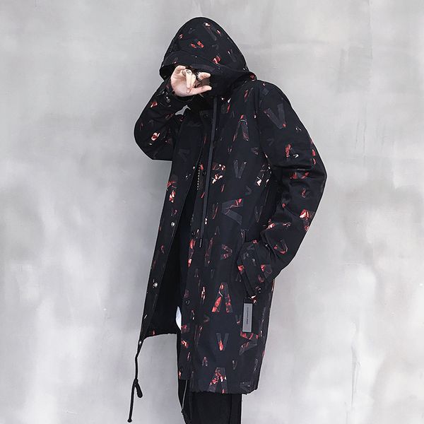 

drop shipping new western fashionable brand high street printed men mid-length hooded trench hip hop autumn windbreaker overcoat, Tan;black