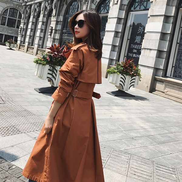 

2019 spring classic sashes long trench coat for women plus size loose cotton windbreaker female overcoat double breasted coat, Tan;black