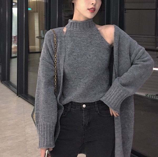 

autumn winter two women knitted pullovers sweater & long knitting cardigans jacket coat 2 piece set, White