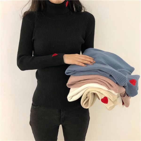 

ollymurs autumn winter women turtleneck knitting sweaters elastic slim bodycon sweater heart embroidery ladies warm knitwear, White;black