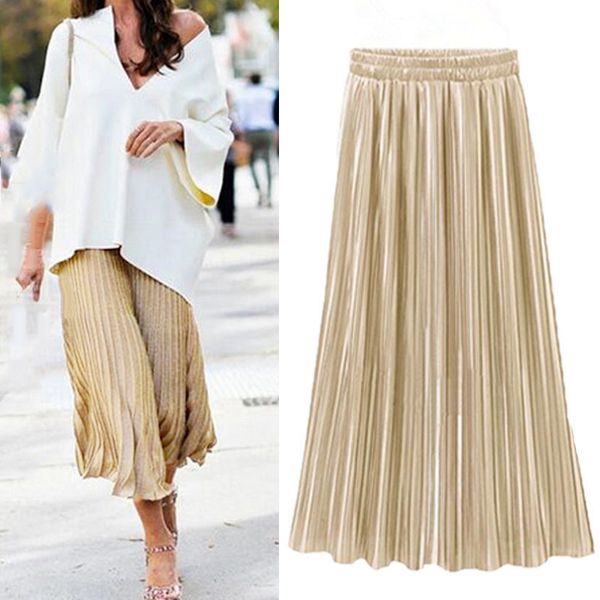 

women long pleated skirt chiffon elastic waist swing flared skater midi skirt, Black