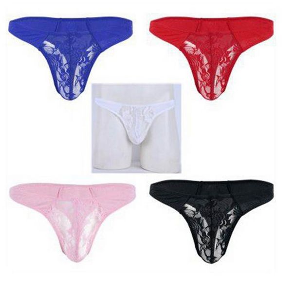 

men briefs lace sissy lingerie low rise floral bulge pouch male g-string bikini thong swimming net mesh translucent thong, Black;white