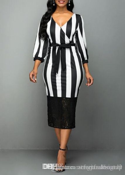 

женщины плюс размер дизайнер ol стиль платье v шея sexy полоса печать вскользь apaprel моду женской одежды, Black;gray