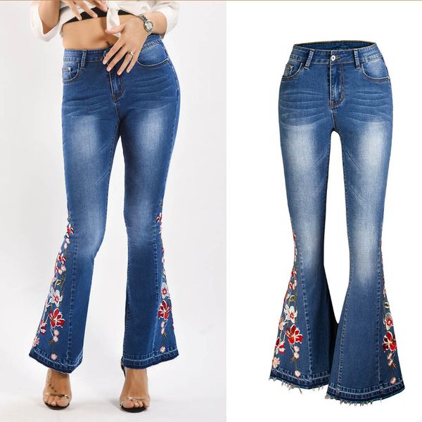 

новое прибытие женские брюки клеш женские сексуальные джинсы узкие женщин высокой талией стыковой lif джинсовые брюки мода stretch вышитые д, Blue