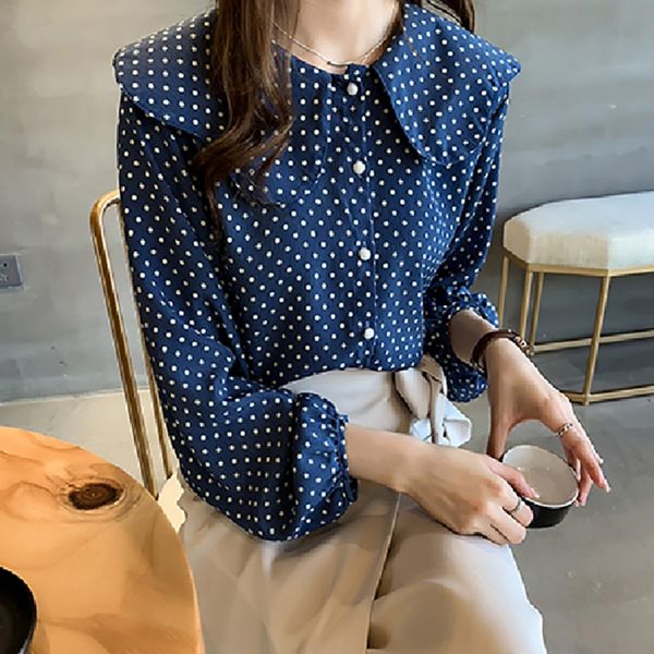 

dot print blouse women vintage cartoon lapel shirt loose single-breasted blouses long sleeve blusas mujer de moda.w, White