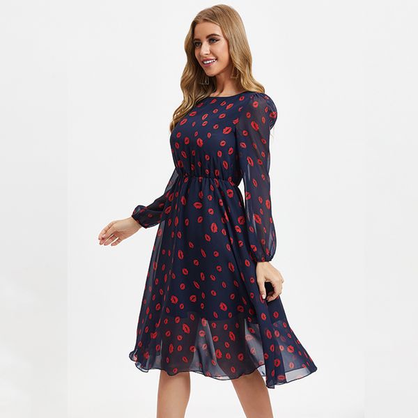 

2020 summer women's lip print perspective long sleeve dress, Black;gray
