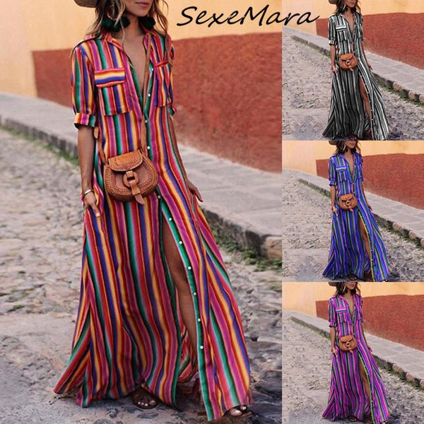 

summer 2019 vintage casual striped single breasted dress elegant pockets button women maxi dress, Black;gray