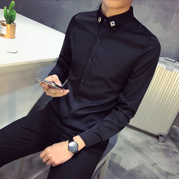 

shirt men british slim fit solid long sleeve shining men shirt 2018 autumn new brand clothing in men's shirts, White;black