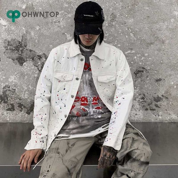 

men's jackets fashion colorful foil splash ink spot denim coats men streetwear hip casual jean jacket harajuku coat male 2021, Black;brown