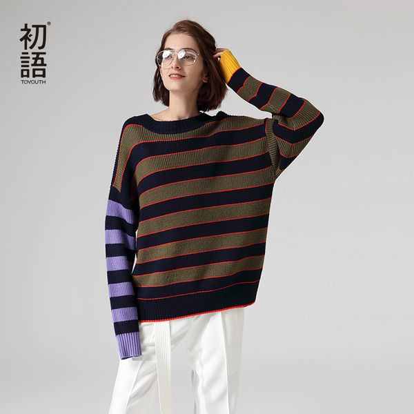 

toyouth women striped long sleeve winter sweater hit color patchwork loose pullover, White;black