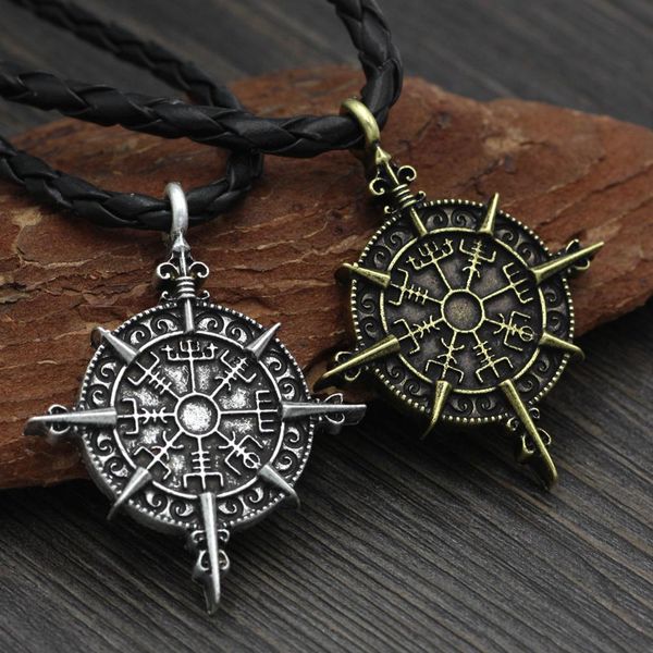 

viking compass pendant norse amulet jewelry vintage silver bronze men necklace with rope chain