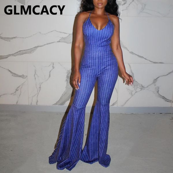 

women stripe printed bell bottom spaghetti strap plunge bodycon jumpsuit sleeveless backless overall, Black;white