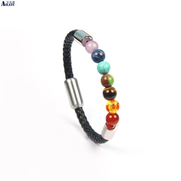 

ailatu new 7 chakra bracelet genuine leather stainless steel buckle balance beads natural stone yoga bracelets for women men, Golden;silver