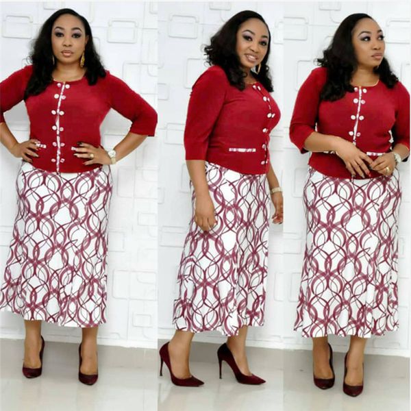 

4xl plus size african two pieces set women office lady elegant printed three quarter sleeve clothes loose skirt, White